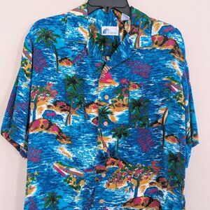 Vintage Islander Mens Button Down Hawaiian Shirt Treasure Island Blue Size Large